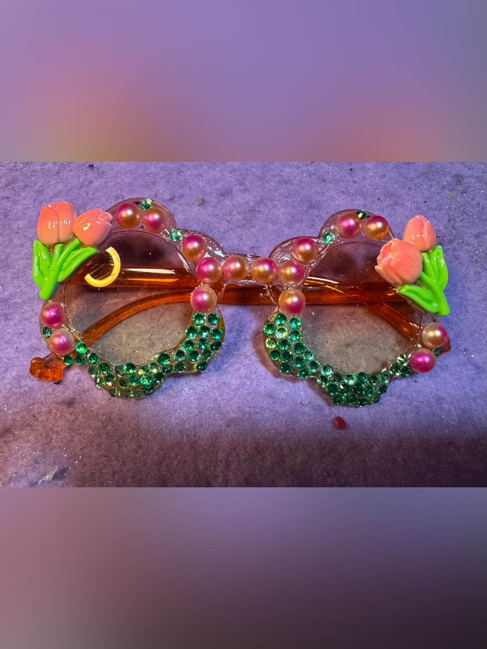 Embellished Pink Pearl & Green Rhinestone flower shaped Sunglasses